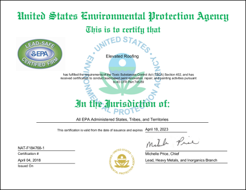 EPA certification to conduct lead-based paint renovation, repair, and painting activities pursuant to 40 CFR Part 745.89